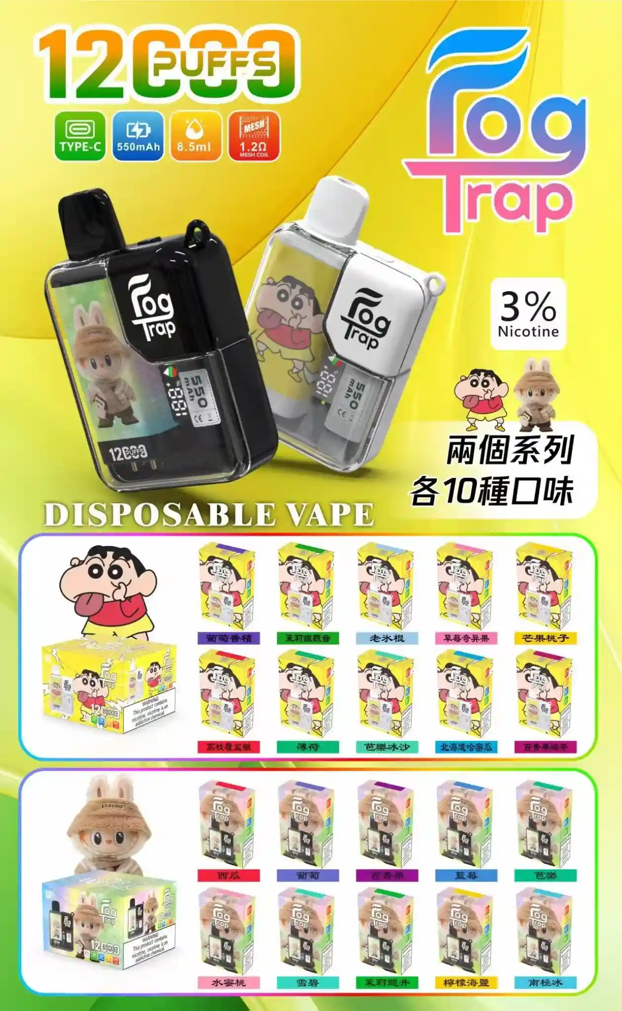 【20種口味】Fog Trap 拉布布/蠟筆小新系列 12000口拋棄式電子菸|8.5ml超大容量 LCD智慧顯示 台灣正品現貨