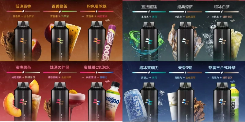 【百香果、純慾蜜桃、冰泉水、寶礦力的組合推薦】哇酷WAGOO & KIS5 6500口一次性電子菸_磁吸式雙芯雙倉自由拼接 享雙味混搭拋棄式小煙